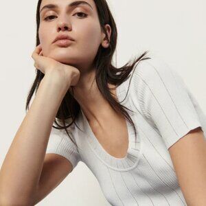 Sandro Paris White Ribbed Short Sleeve Knit Top